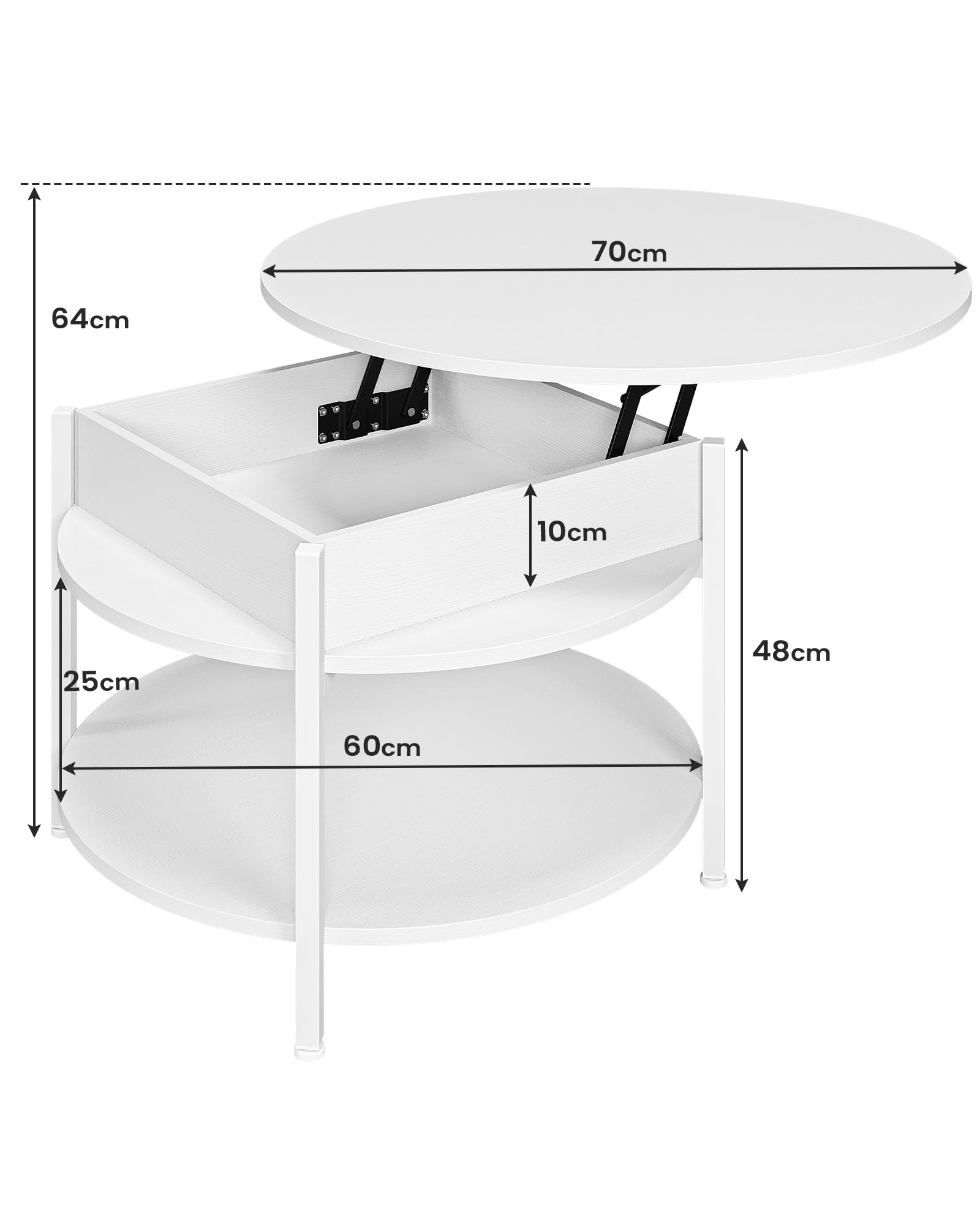 Couchtisch Rund mit Hebeplatte, Couchtisch Höhenverstellbarer, Beistelltisch, Wohnzimmertisch mit Verstecktem Stauraum, Offenem Fach, Metallrahmen, für Wohnzimmer, Büro, 70 x 70 x 50 cm, Weiß