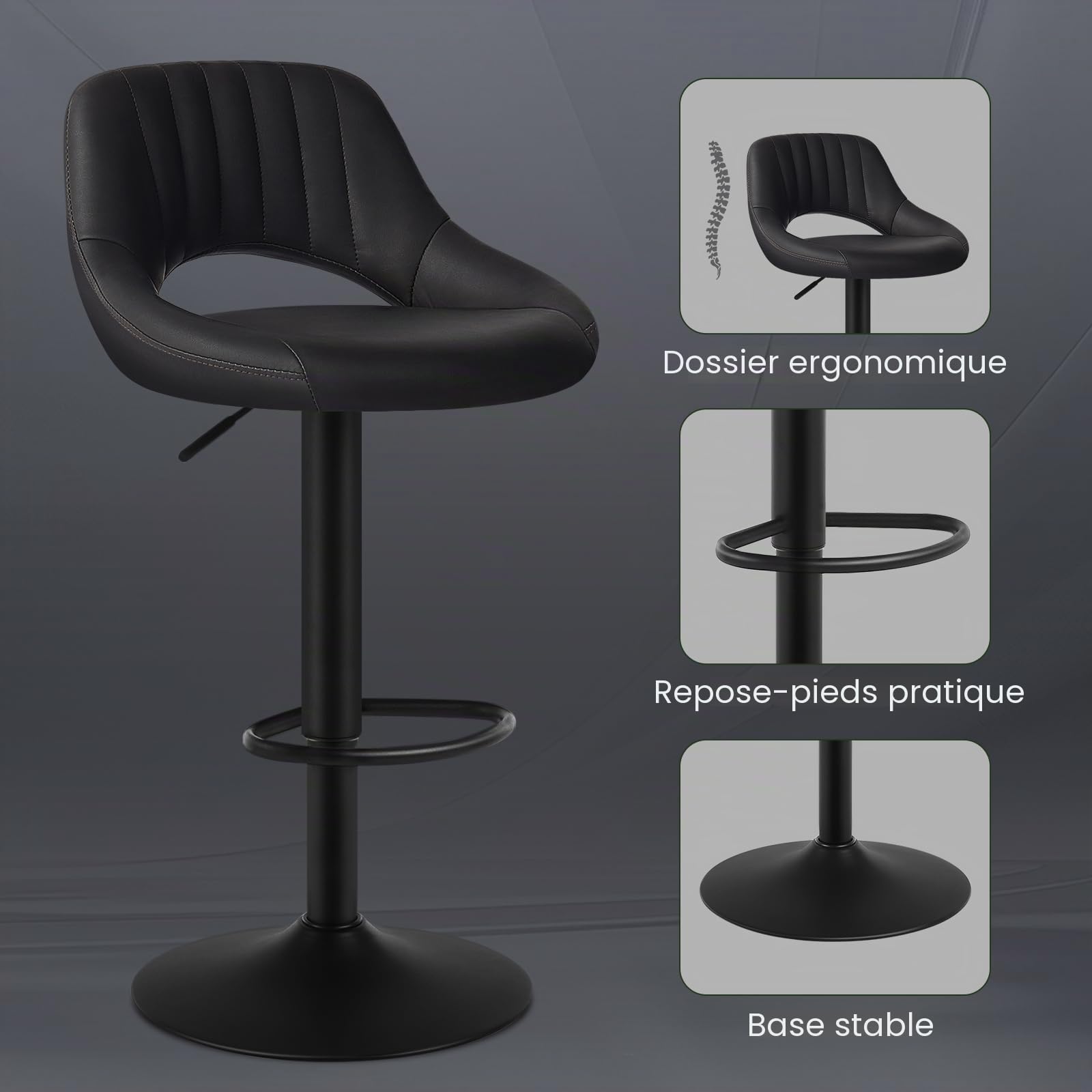 EUGAD Tabourets de Bar Lot de 2, Rotatif à 360 °et réglable en Hauteur,Tabouret de Cuisine, en Similicuir, Anthracite 0666BY-2