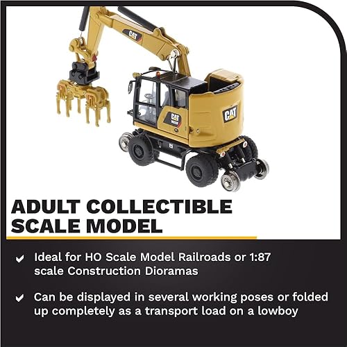 Miniatura 4 de Diecast Masters 1/87 Caterpillar M323F Excavadora con ruedas de ferrocarril, versión amarilla CAT con 3 herramientas, serie de línea alta de escala