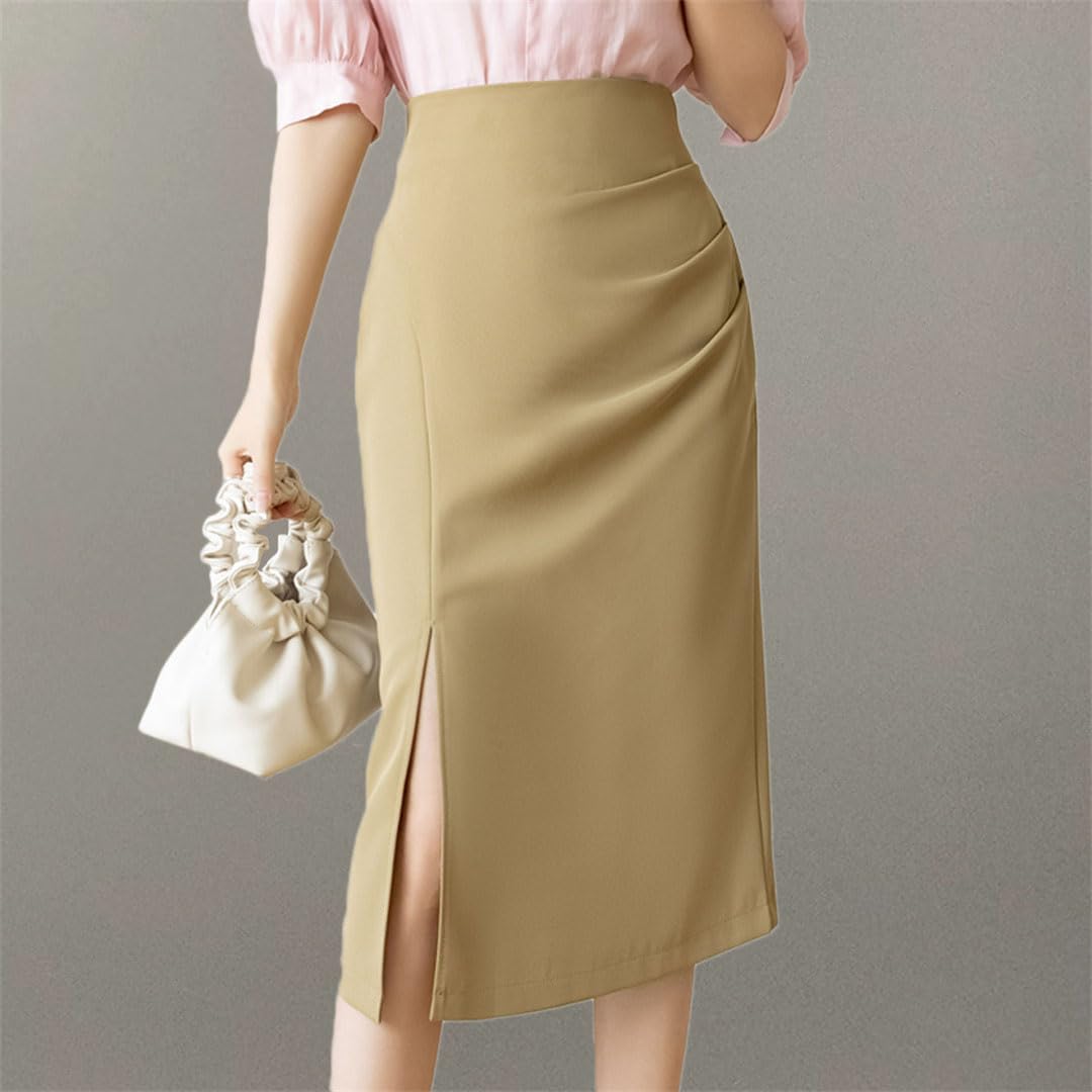 Hcclijo Faldas Rectas OL Formales De Oficina para Mujer Elegantes Pliegues Cintura Alta Dividida Paquete De Caderas Faldas Midi