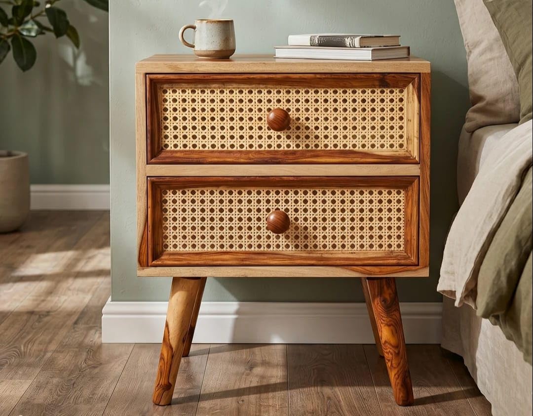 solid wood bedside table with rattan drawers mid century night stand for living room | cane mid century modern side table with 2 drawers-multipurpose use for living room, bedroom