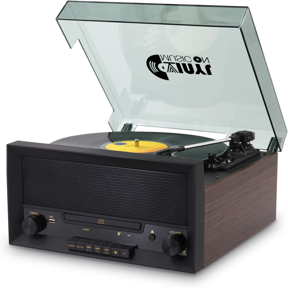 VINYL MUSIC ON Turntable Music Center with Built-in Stereo Speakers, 8-in-1 Nostalgic Classic Wood Bluetooth Record Player with USB Play&Encoding, CD Player and FM Radio