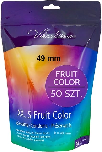 VIBRATISSIMO Fruit Color Prezerwatywy 50szt I Naturalne doznania i ekstra nawilżenie I Prezerwatywy w zamykanym woreczku | Kolorowe kondomy dla mężczyzn | Cieniutkie prezerwatywy | 49mm