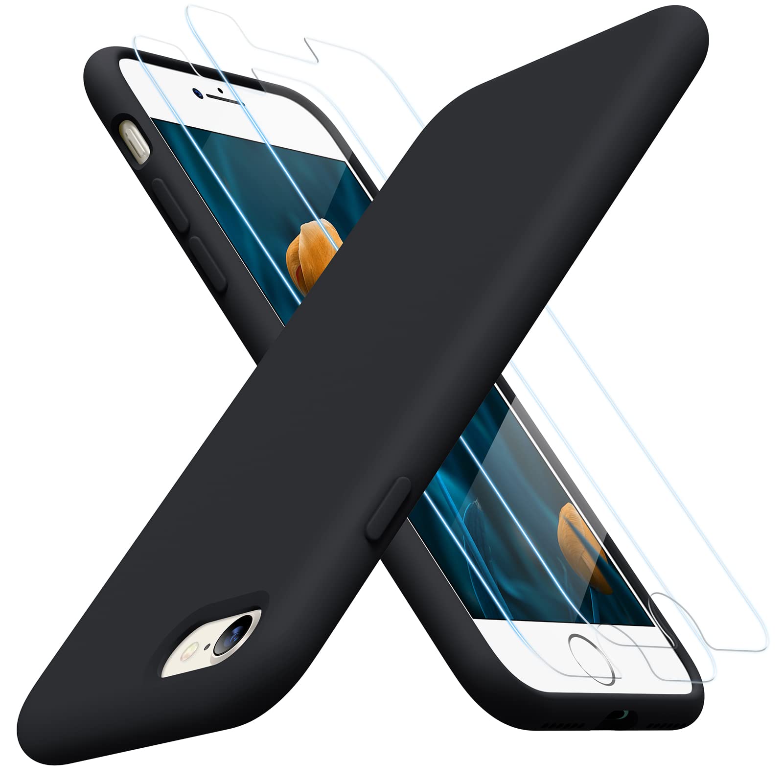 Miracase Ultra Slim Designed for iPhone SE Case 2022(3-rd Gen)/iPhone SE 2020 Case/iPhone 7 Case/iPhone 8 Case with Screen Protector[2 Pcs], Multi-Color Silicone Shockproof Phone Case(Black)