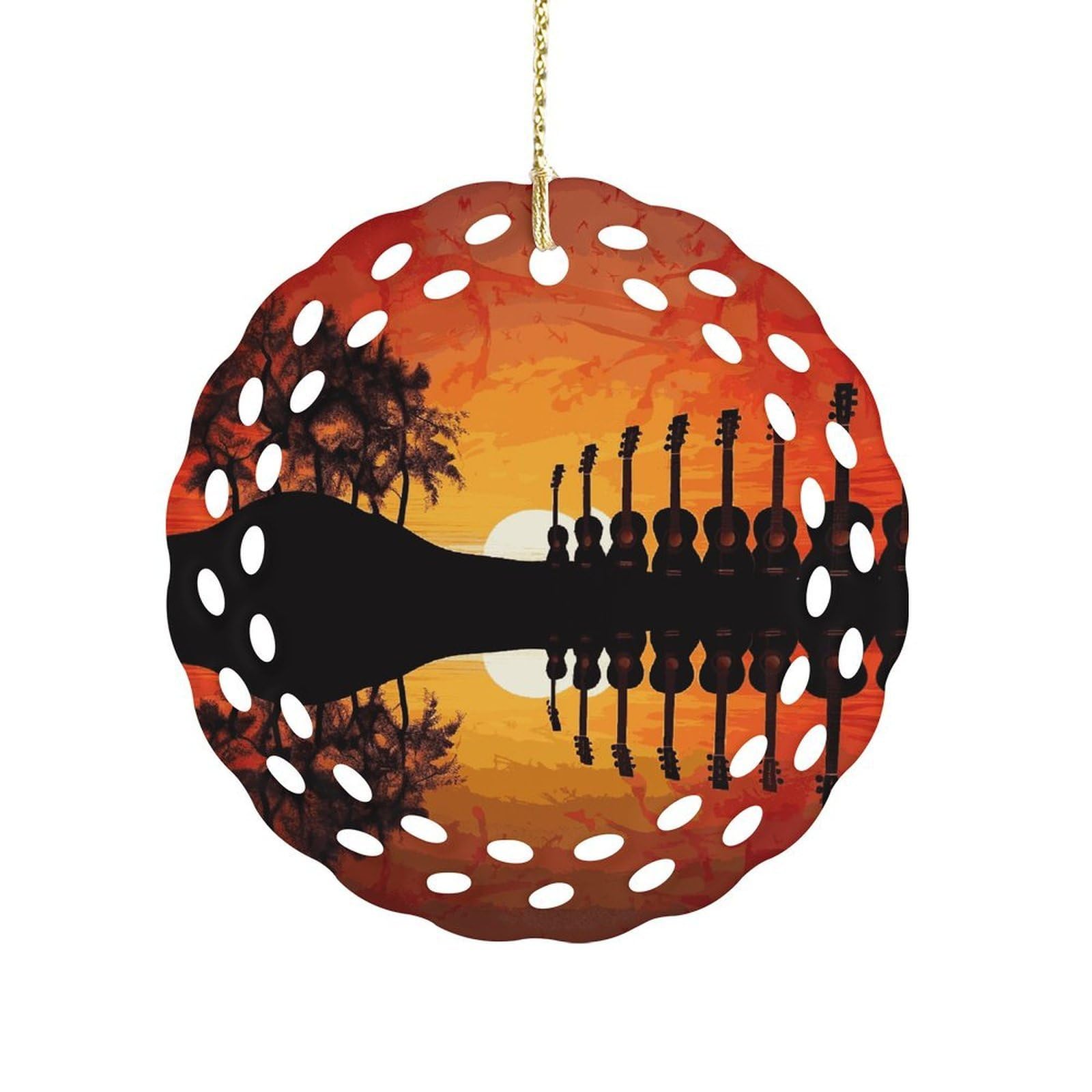 Btcowzrv Style Guitar Music Sunset Ceramic Ornament,Round Ornaments With Hole Easy To Hang,Hanging Ornament For Wedding Party Home Window Garden Christmas Day Decor