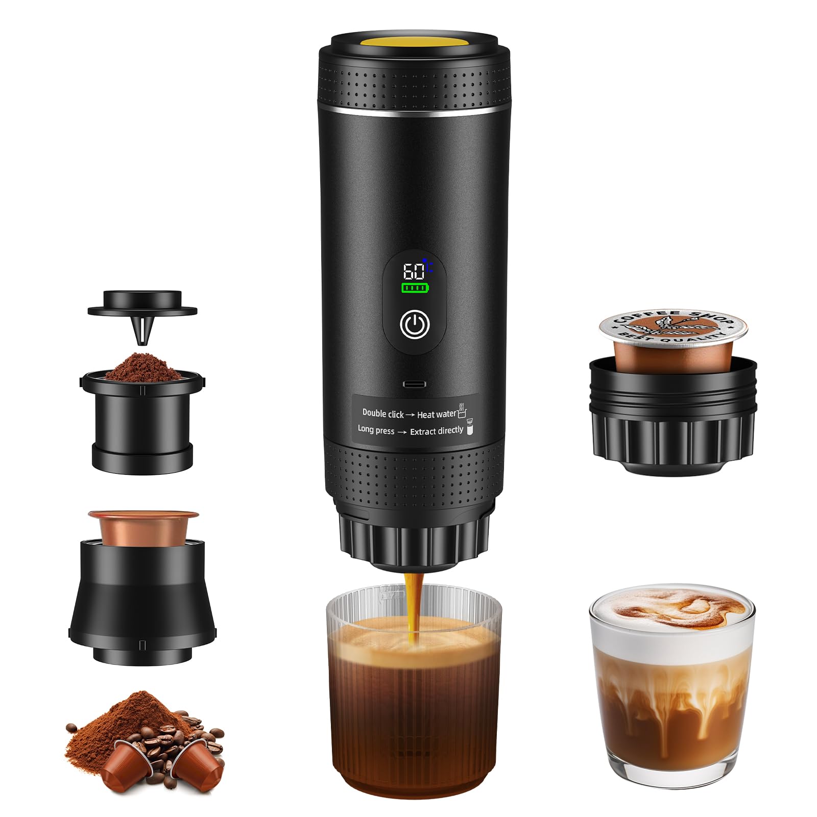 GJCrafts Macchina Caffe Portatile, Caffettiera Portatile 3-in-1 con batteria 7500 mAh,20 Bar, Autoriscaldante,USB-C,Piccola Macchina da Caffè 3 in 1 con Caffè Macinato e Capsule (NS & DG) per Camper - 2