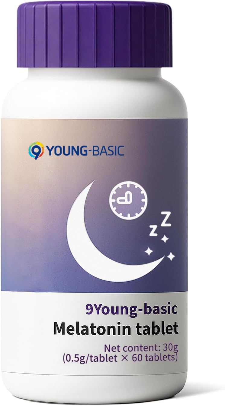 9 YOUNG-BASIC Melatonin 200mcg Dual Spectrum, 100% Drug Free Sleep Supplement, Low Dose Melatonin with Vitamin B6, Quick and Extended Release, Promotes Relaxation and Sleep Health, 60 Tablets Orally
