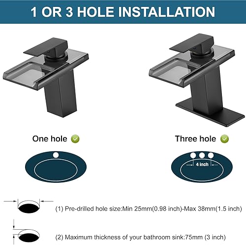 Miniatura 3 de Midanya Grifo de lavabo de baño LED negro mate, grifo de baño con boquilla de vidrio abierto en cascada, mango único, 3 colores cambiantes, grifos