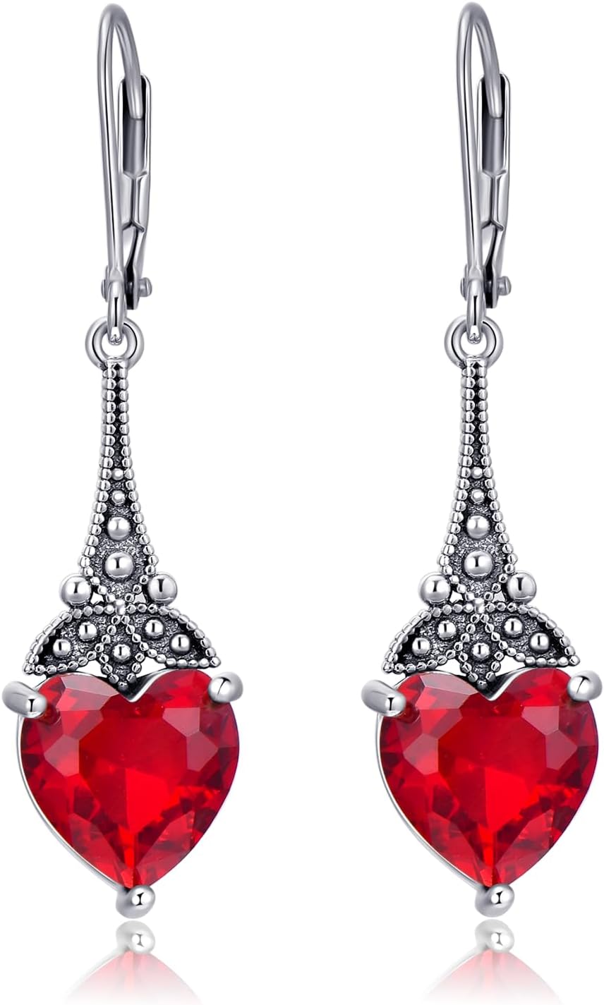 Heart Leverback Earrings 925 Sterling Silver Vintage Retro Drop Dangle Earrings with 10mm Heart Birthstone Crystal, Anniversary Birthday Jewelry Gifts for Her Women