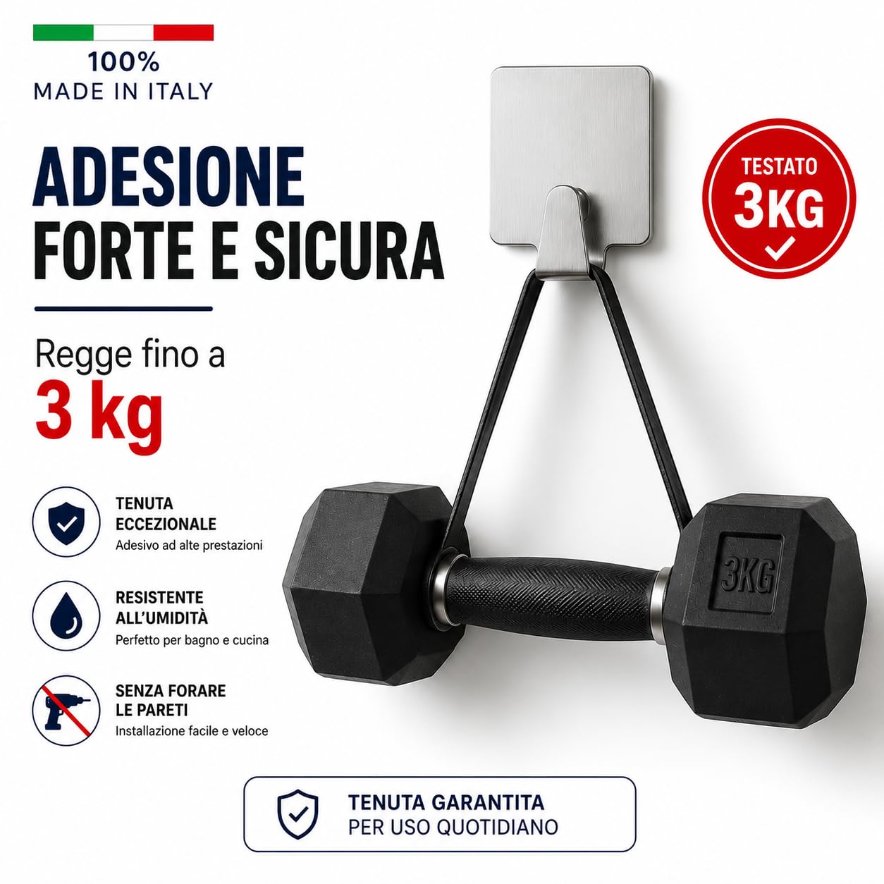 Ganci Adesivi Acciaio Inox Muro, Set 15 Pezzi, Tenuta Forte fino a 3 kg, Senza Forare Senza Trapano, Antiruggine, per Bagno Cucina Ingresso, Made in Italy