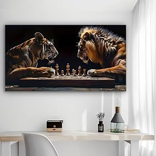 Tiger Lion Chess Match Rustic Canvas Wall Art - 12x24in Unframed Poster- Home & Office Decor for Living Room, Bedroom, Kitchen & Cafe