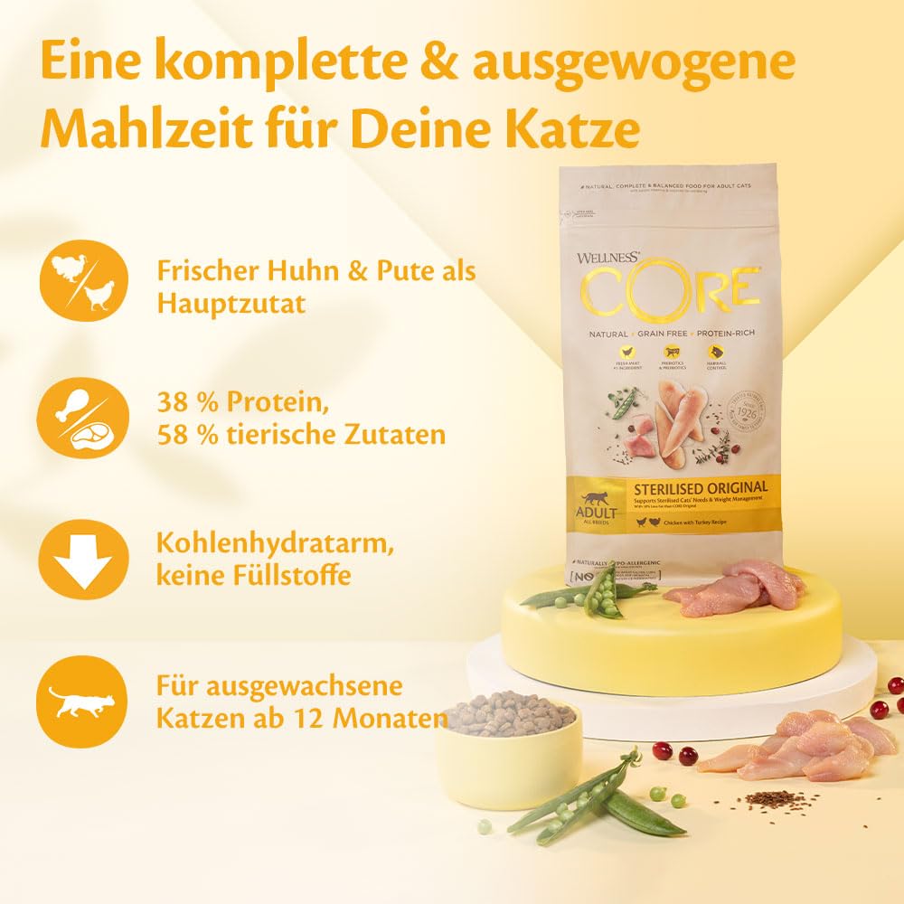 Wellness CORE Sterilised Original 4 kg, Huhn & Truthahn – Katzenfutter Trocken für sterilisierte Katzen, getreidefrei, natürlich, hypoallergen, proteinreich, für eine gesunde Gewichtsregulierung