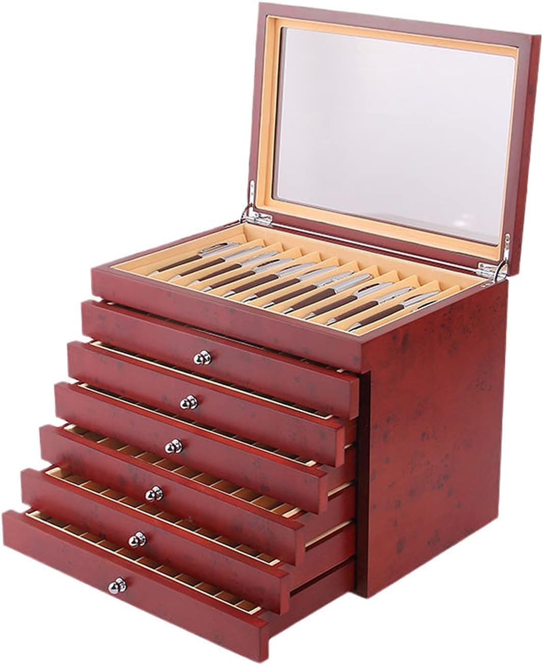 Scatola organizer per penne stilografiche a 7 strati, 78 scomparti, in legno, con coperchio in vetro, vassoio portaoggetti per collezione di penne