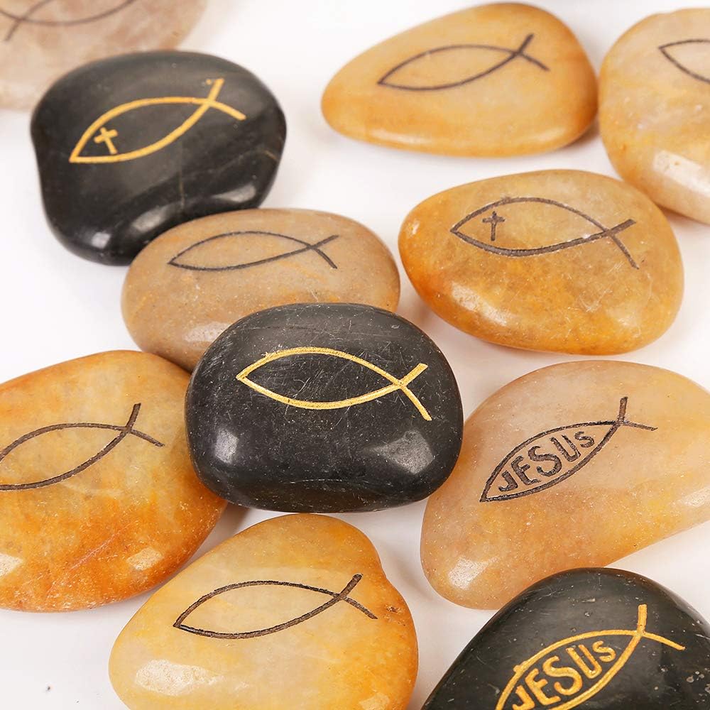 ROCKIMPACT 50PCS Jesus Fish Cross Christian Ichthys Ichthus Engraved Inspirational Faith Worry Stones Gratitude Healing Stones Wholesale Bulk Gifts Fish Cross Rocks, 2"-3" ea