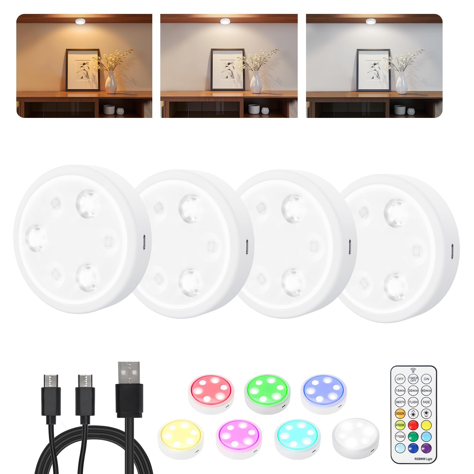 USB Aufladbar LED Spot Akku, 2000mAh Aufladbar Puck Lights mit Fernbedienung, 7 RGB und 3000K/4500K/6000K Vitrinenbeleuchtung, Magnetische Dimmbare Schrankbeleuchtung für Schränke, Küche, Regale
