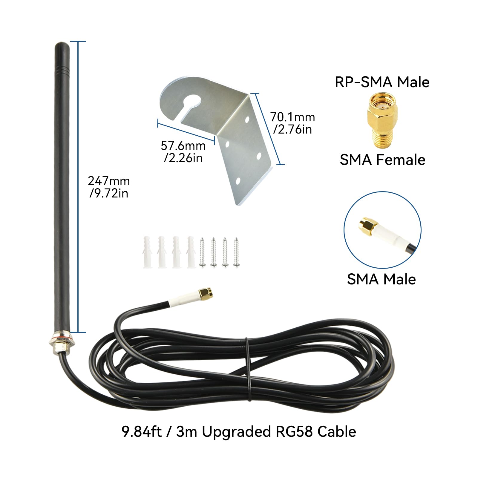 Antenne Extérieure Murale 4G LTE Antenne Cellulaire Omnidirectionnelle Câble RG58U 3M, Connecteurs SMA Mâle et RP-SMA Mâle pour Routeur 4G LTE, Passerelle, Modem, Caméra de Chasse Cellulaire
