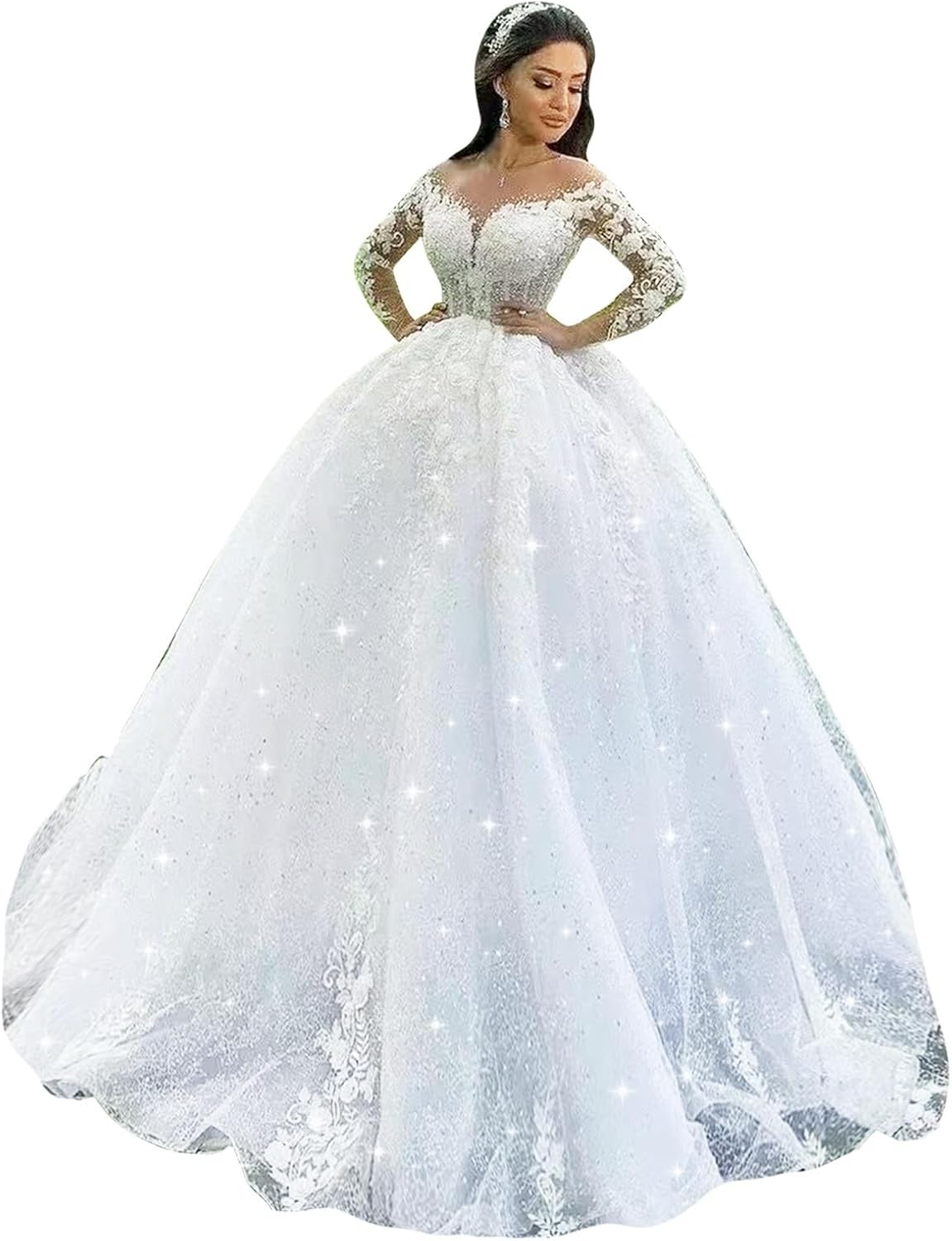 Tulle Wedding Dresses for Bride with Lace Appliques A Line Women Dress Long Sleeves Beach Bride Dress HS006