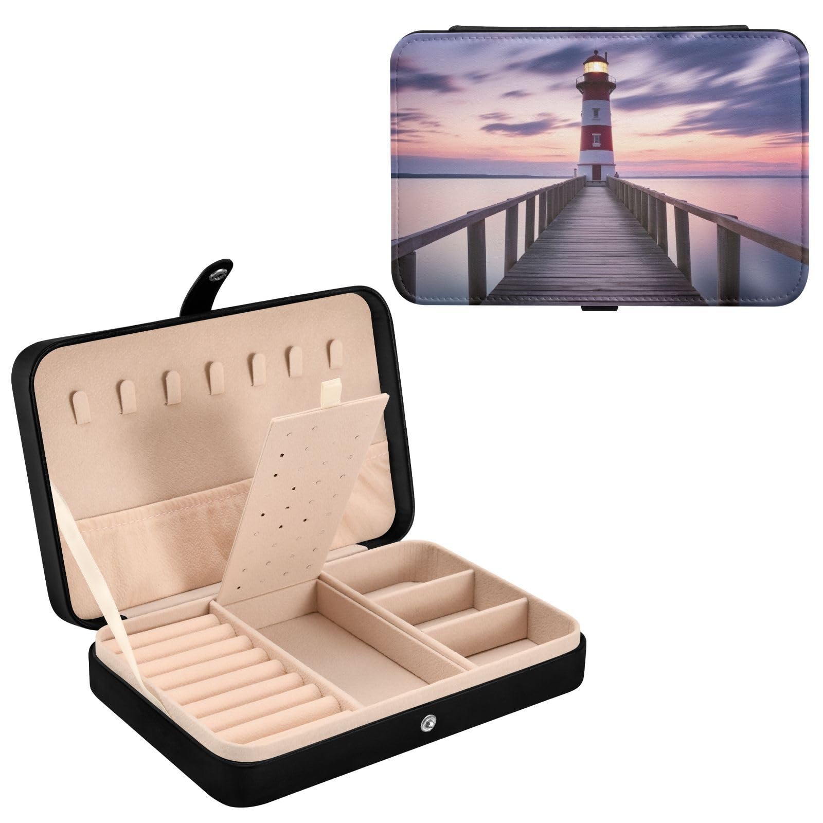 Haskirky Sunset Lighthouse Jewelry Box Portable PU Leather Travel Jewelry Organize for Women Jewelry Storage Display Holder for Ring, Necklace, Earring