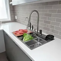 Cuba Gourmet Para Cozinha de Embutir Aço Inox 304 Com Torneira e Acessórios Multifuncional Texturizada