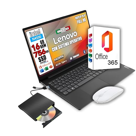 Lenovo Ordenador portátil Monitor de 15.6 pulgadas Full HD Intel Core N4500 hasta 2.8 GHz RAM 8 GB SSD 256 GB Paquete Office Pro 2021 Windows 11 Pro listo para usar,Ratón inalámbrico y llave USB 32 GB