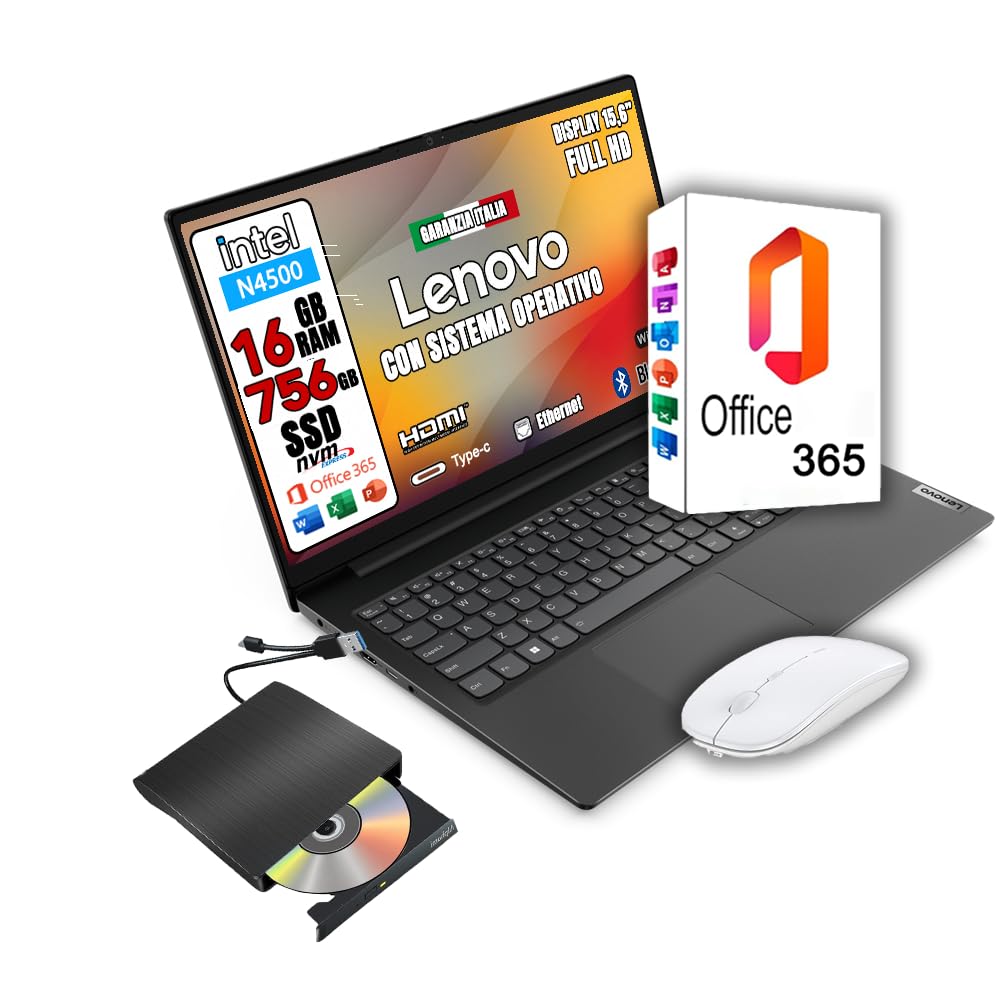 Lenovo Notebook nuovo • Ram 16gb • cpu Intel N4500 • Monitor 15.6" Full HD • ssd 756 (256SSD + 512HDD) • Ingresso lan, hdmi, USB • Sistema operativo win 11 PRO e Office 365• LETTORE DVD-RW ESTERNO