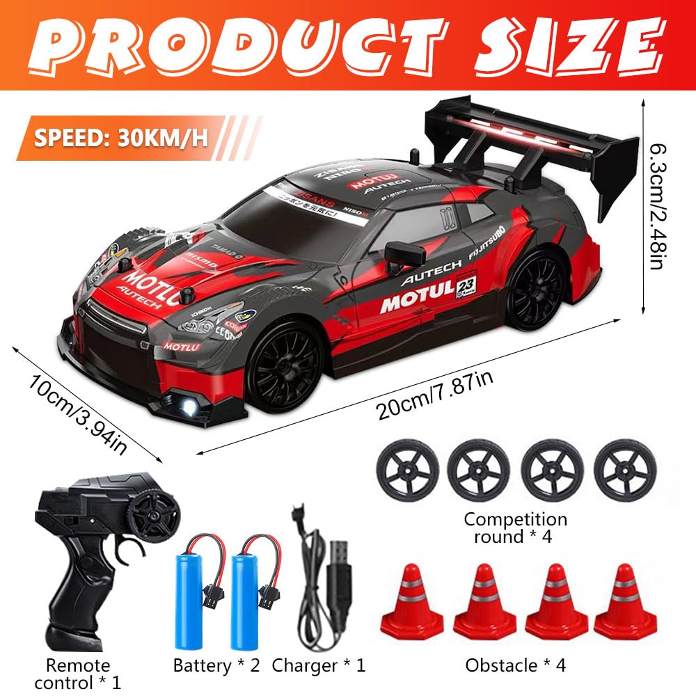 KUWUNG RC Drift Car, 1:24 Remote Control Cars with Cool LED Lighting, 2.4 GHz Rechargeable Mini RC Drift Car, 30km/h, 4WD Toy Vehicle Gift for Kids and Adults (Red) - Image 2