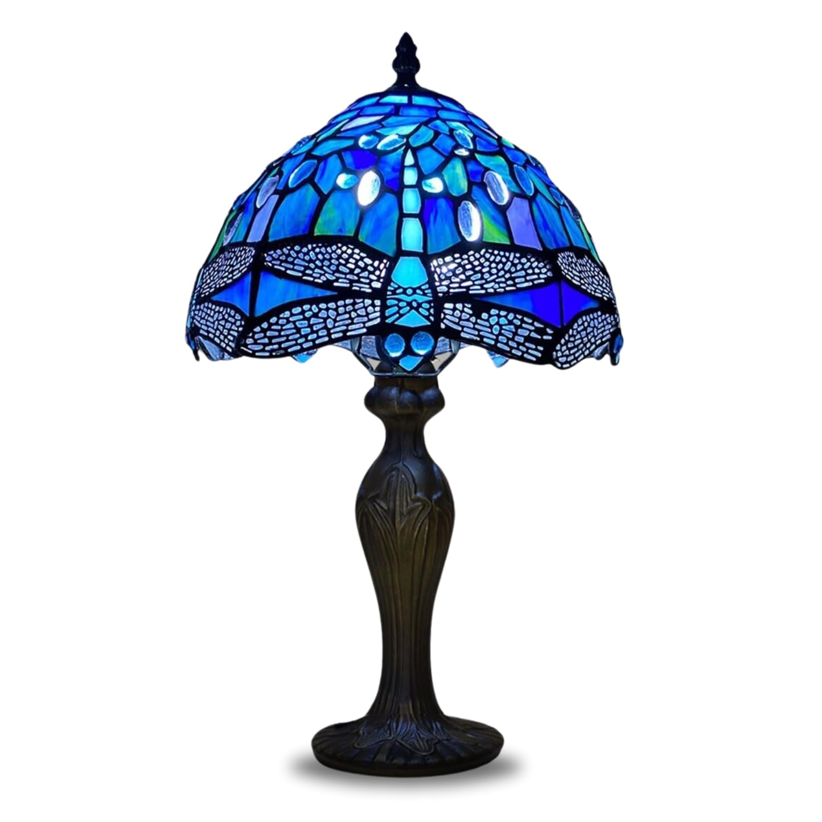 TIFFORA Blue Dragonfly Tiffany Style Table Lamp, Hnadcrafted Glass Shade E27 Bulb