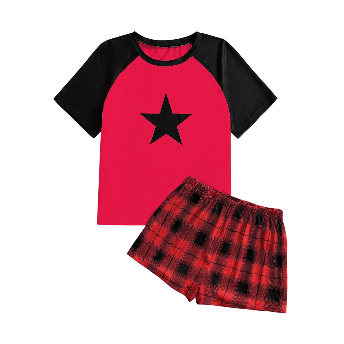 Verdusa Women's 2 Piece Pajama Sets Summer Pajamas for Women Set Plaid Pj Set Tee and Sleepwear Lounge Sets: X-Small Red and Black