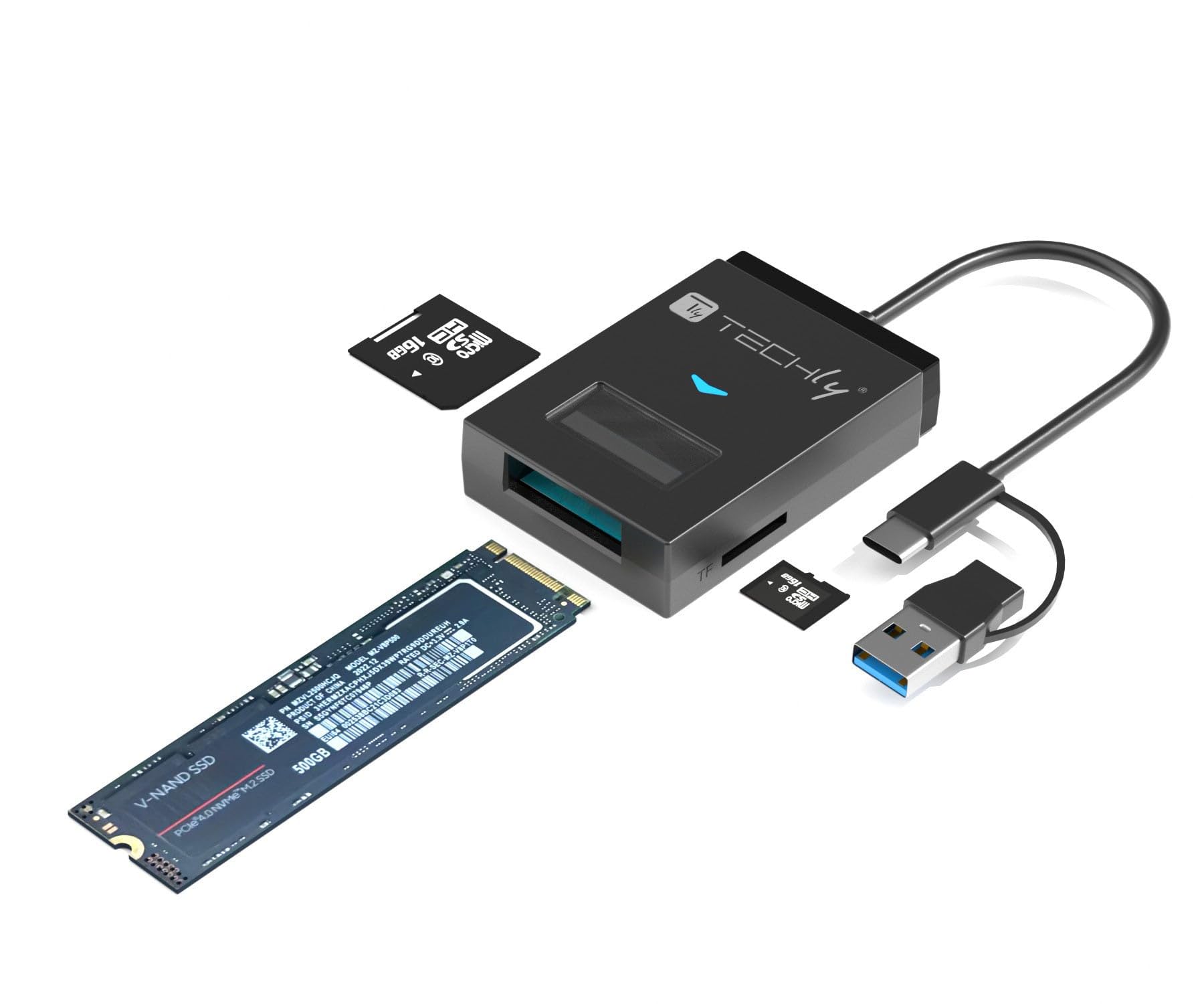 Techly 622298 Adaptador USB-A/USB-C a NVME/SATA M.2 con lector de memoria SD/TF negro
