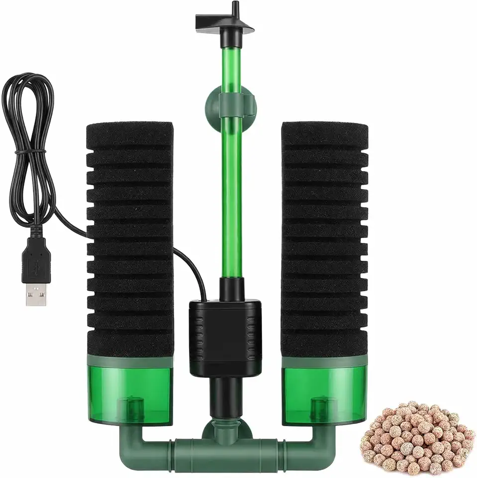 Filtro de esponja de aquário, 30 litros, filtro de tanque de peixes, esponja dupla, meios substituíveis com 2 esponjas bioquímicas e 1 saco de bolas de cerâmica filtradas, para água salgada e água