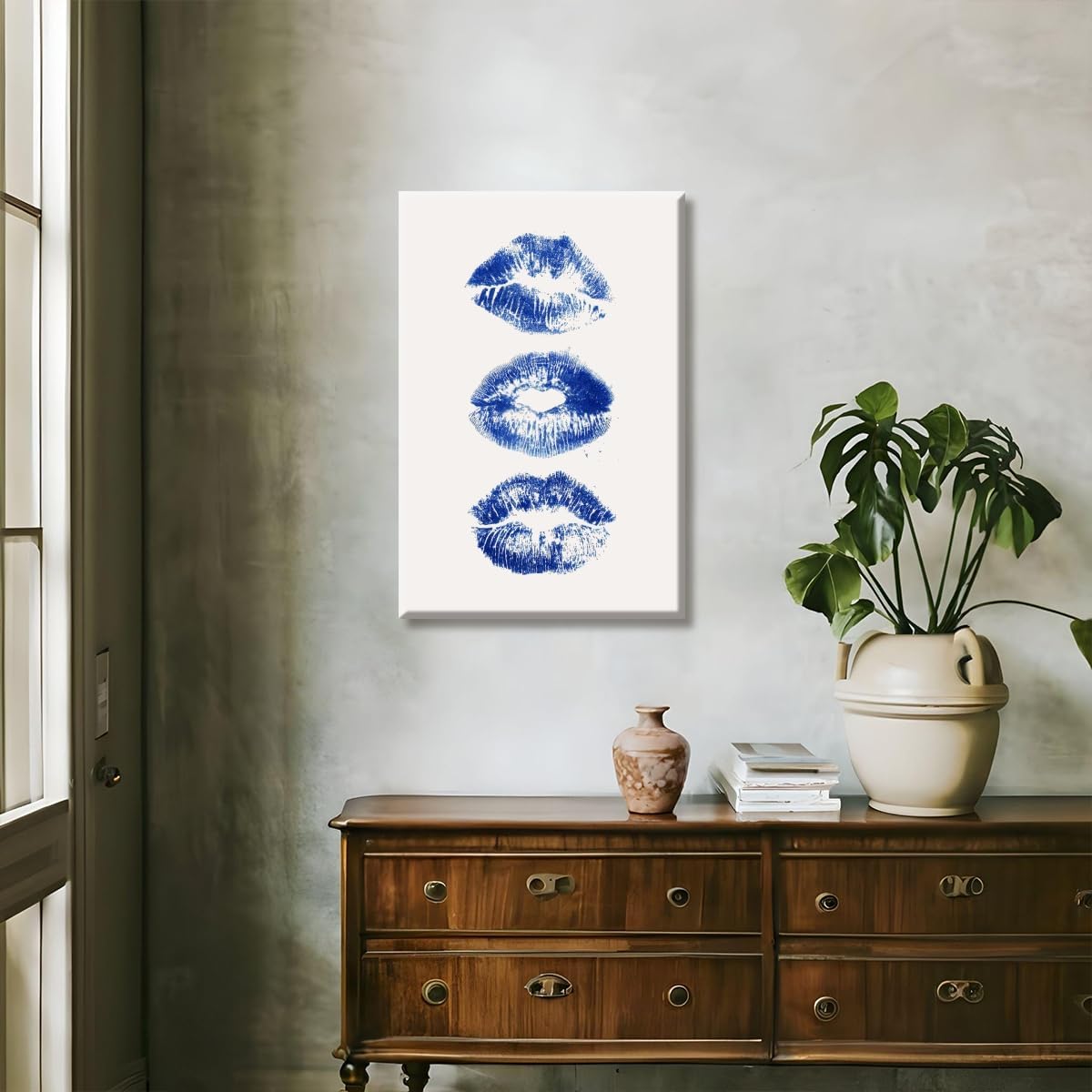 Bule Preppy Kiss wall art Minimalism Cool Girl Decor Cute Blue Aesthetic Print Navy Lips Canvas Art Poster for College Apartment Girly Dorm Bedroom or Bathroom Decor 20x30inch Framed