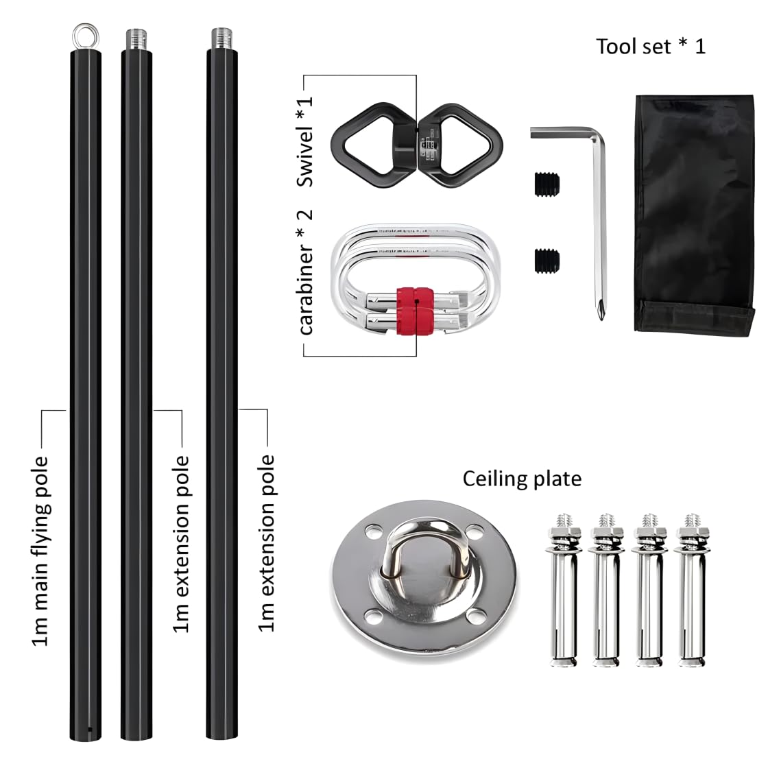 Dreamlin 3m Aerial Flying Pole Portable Suspension Yoga Fitness Tube Hanging Rotary Silicone Steel Dancing Pole Gym Equipment for Home (Full Set Black)