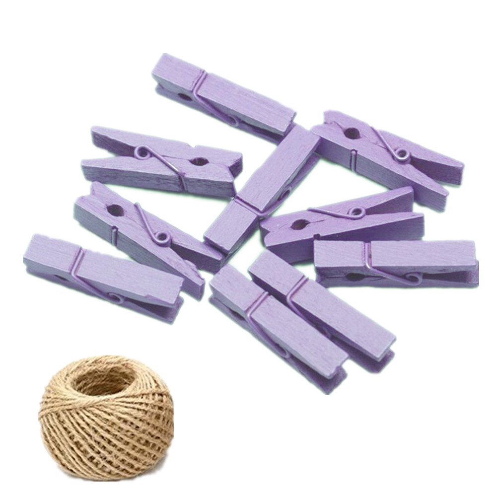 100 Colored Wooden Mini Pegs Clothespins Craft Photo Clips with 20 meters Jute Twine for Craft Rustic Decoration (Purple)
