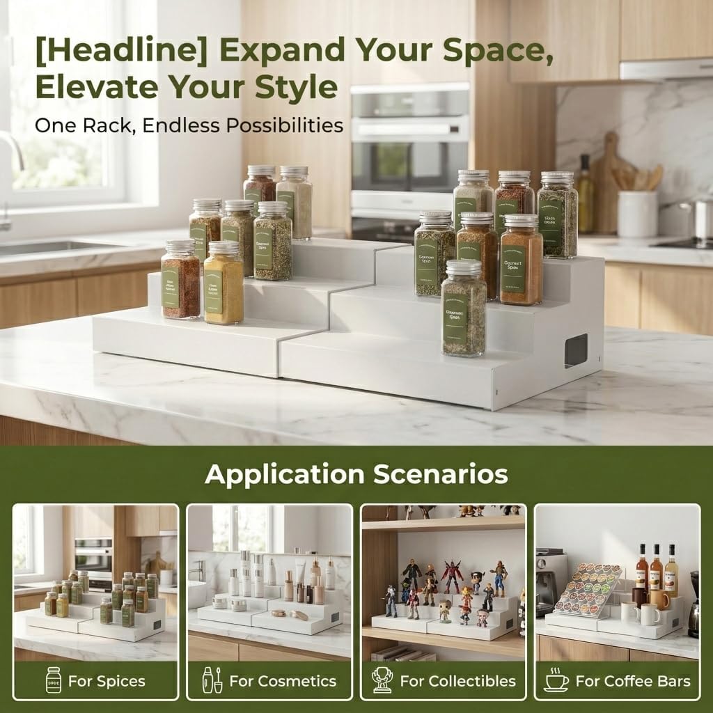 GOENDR Expandable Metal Can Rack Organizer for Pantry，3 Tier Spice Organization and Storage, Kitchen Countertop Organizer, Can Pantry Organizers, Perfume Vanity Organizer, Display Risers, White