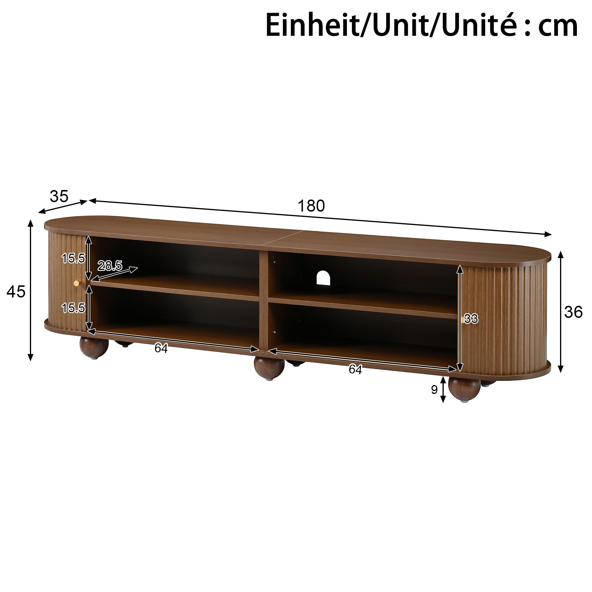 180cm Rundungen TV Schrank mit Schiebetüren, TV Lowboard Wohnzimmer | Retro TV Möbel,Wohnzimmermöbel, vertikal geriffelte Schiebetüren,Kugelfüße