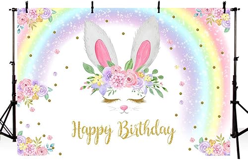 Miniatura 10 de MEHOFOND Decoración de fiesta de cumpleaños con purpurina de 8 x 6 pies, diseño floral, dorado, conejo, primavera, Pascua, fotografía, fondo, póster