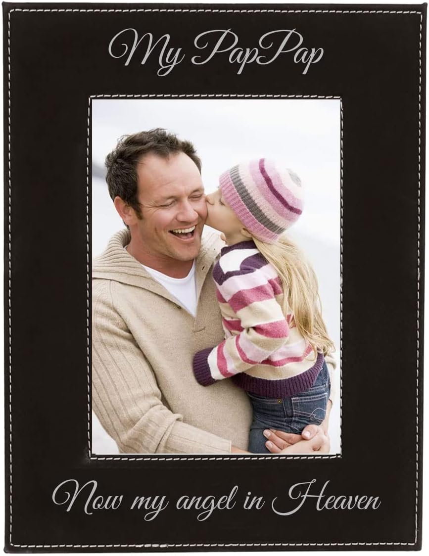 CustomGiftsNow My Pappap Now My Angel in Heaven Laser Engraved Faux Leather Black Leatherette Wall Hanging/Tabletop Picture Group Family New First Time Seeing Grandchild Baby Photo Frame