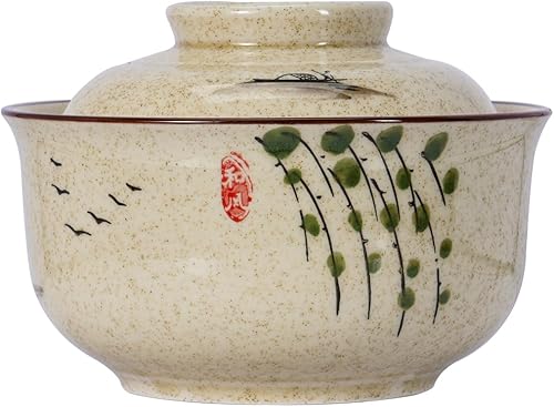 Miniatura 7 de Tazón de Ramen Retro de Cerámica de 6.5 Pulgadas con Tapa, Vajilla Personalizada Estilo Japonés para Fideos, Arroz, Papilla, Sopa, Fruta y Ensalada