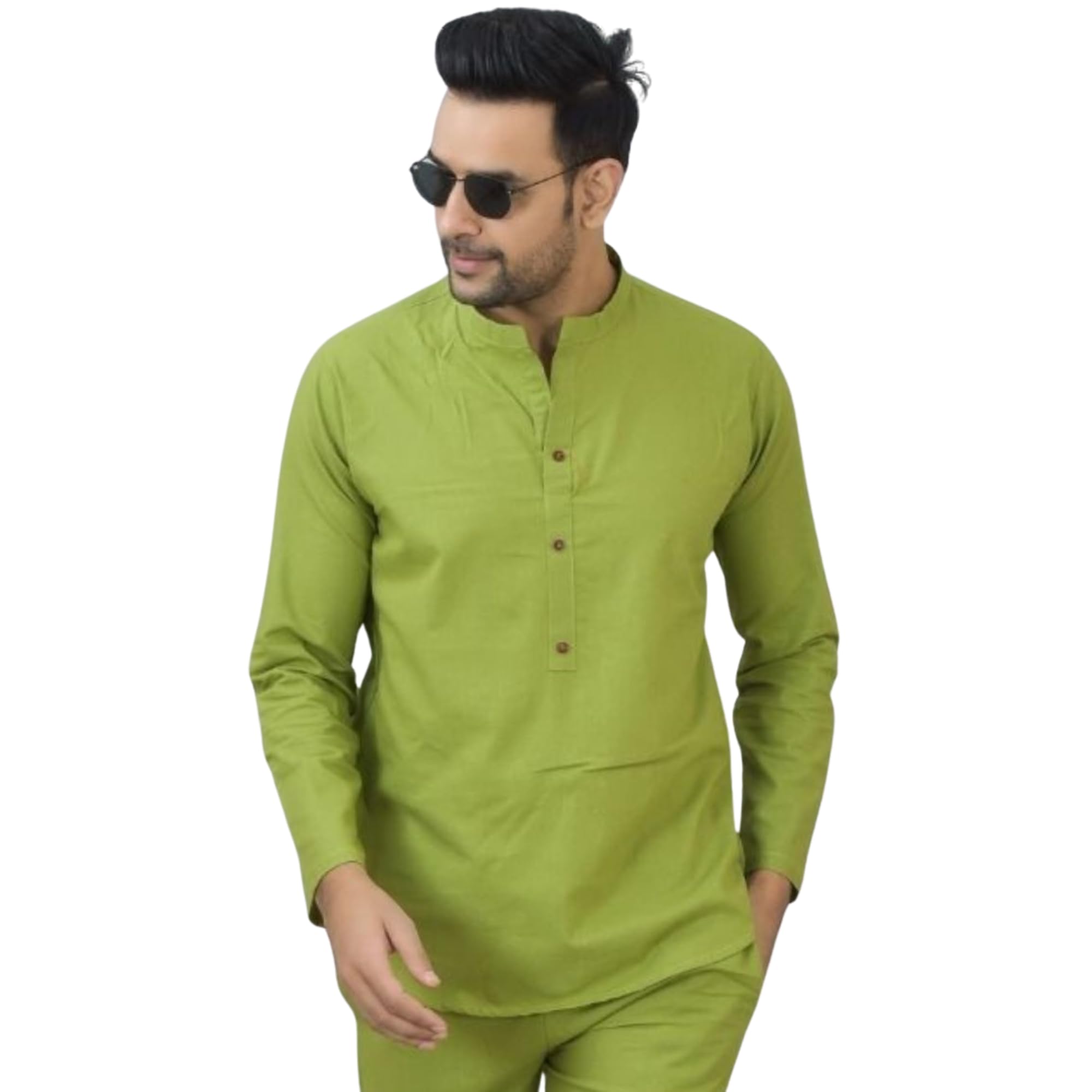 qashida Men's Cotton Flex Solid Full Sleeve Hip-Length Mandarin Neck Kurta – Classic Everyday Wear, Olive Green-picture-35