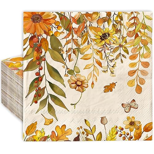AnyDesign 80Pcs Fall Paper Napkins Watercolor Autumn Leaves Flower Butterfly Luncheon Napkins Decorative Dessert Dinner Hand Napkin for Thanksgiving Wedding Birthday Party Supplies, 6.5 x 6.5 Inch