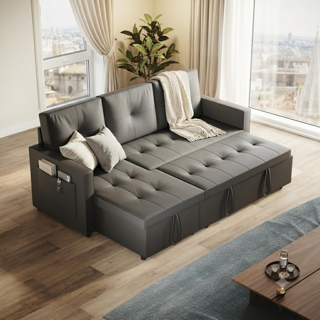 Eck-Schlafsofa 3-Sitzer mit Stauraum und praktischen Laufrollen Dunkelgrau | mit Geräuschlose Laufrollen und Integrierter Stauraum Katzenkratzfestes Kunstleder Dunkelgrau für Wohnzimmer