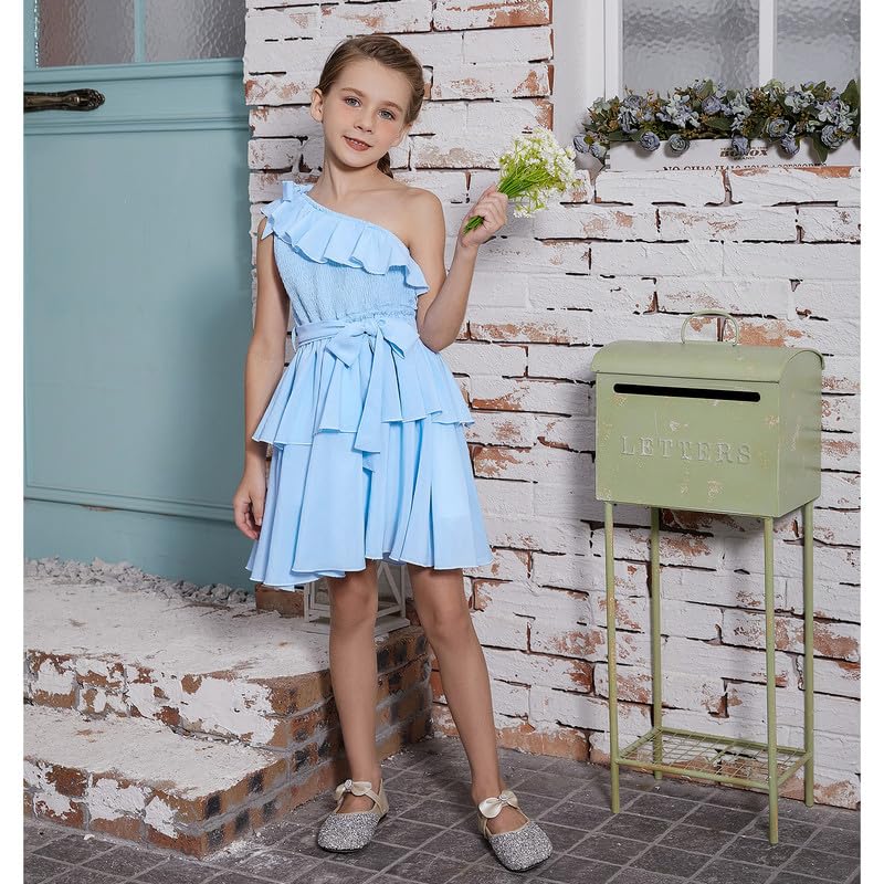 CHILDRENSTAR Girls Party Dresses One Shoulder Blue Ruffles A Line Chiffon Dresses for Kids,Size 8 93