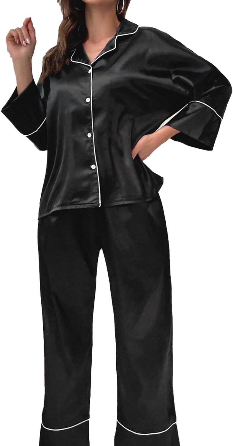 Women's Classic Sleepwear Long Sleeve Button Down Satin Silk Sleepwear Wide Leg Pants Loungewear Pajama Set 2 Piece