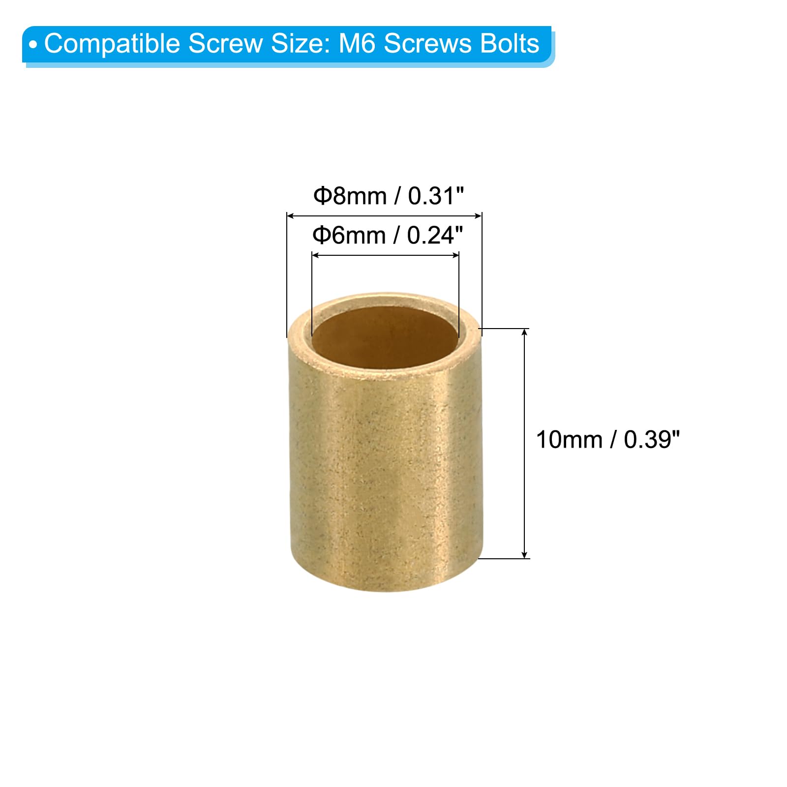 PATIKIL M6 Brass Spacers, 5 Pcs Metal Spacers Brass 6mm ID x 8mm OD x 10mm L Brass Spacers Screw Standoff for 1/4inch or M6 Screw Bolts - Image 2