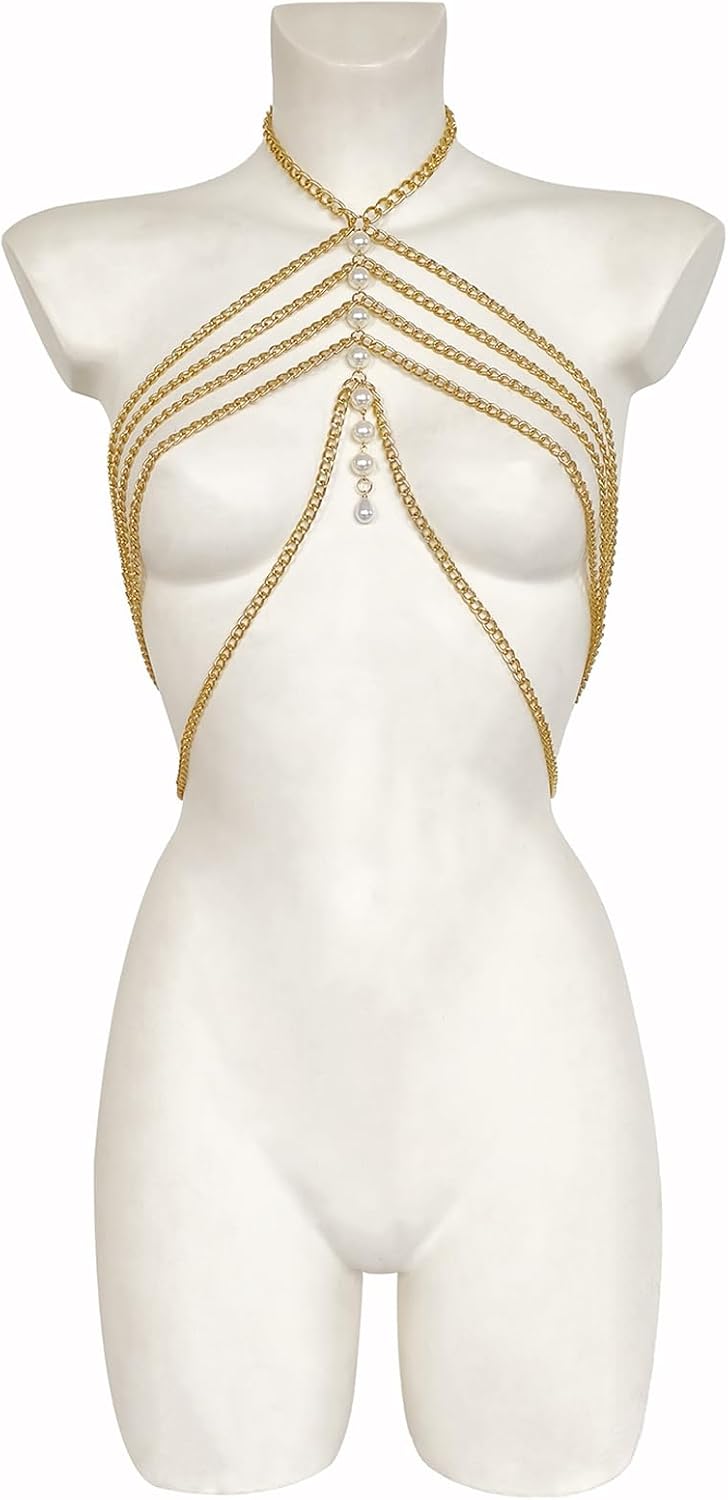 Gold Multi-layered Harness Link Body Chain Bra Summer Beach Bead Lingerie Chain Festival Rave Pearl Tassel Chest Chain Jewelry for Women - Image 6