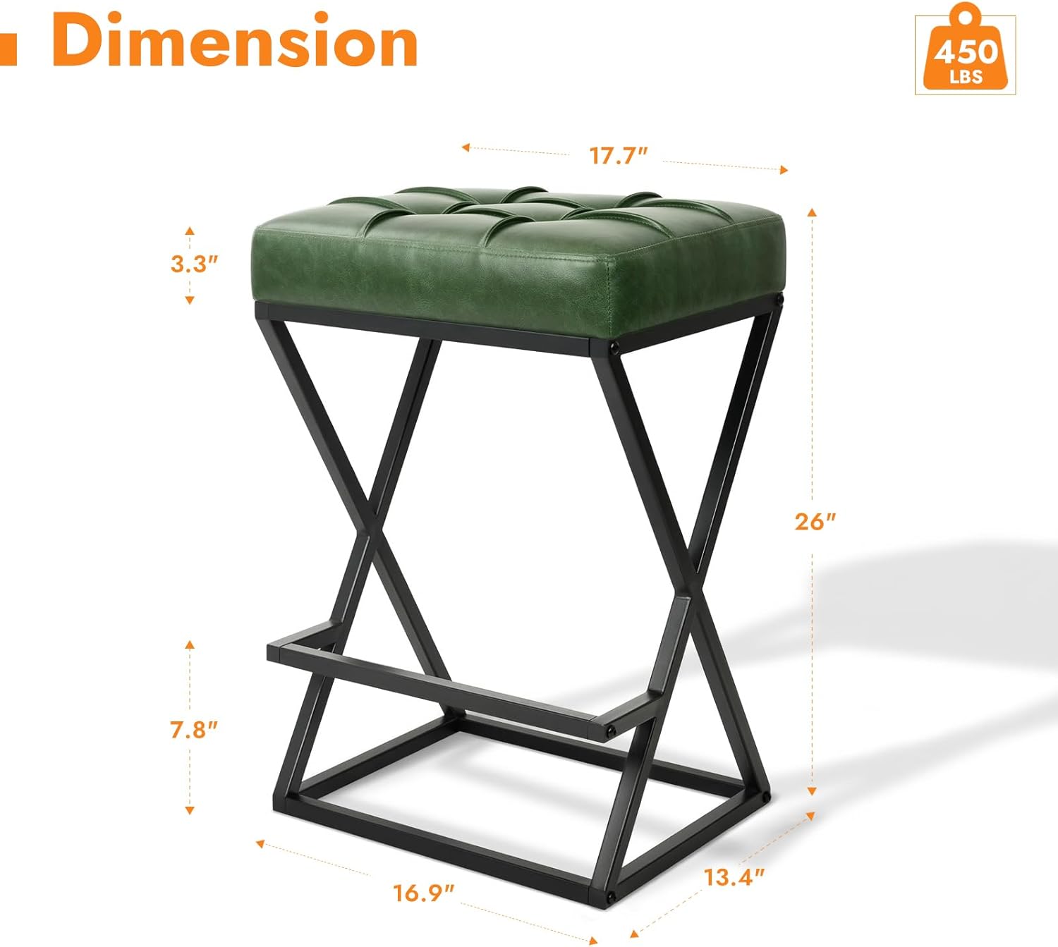 Bar Stools Set of 3, 26" Counter Height Bar Stools with Upholstered Backless Leather Seat, X-Frame Metal Legs & Footrest, Modern Bar Height Stools for Kitchen Island Dining Room Green
