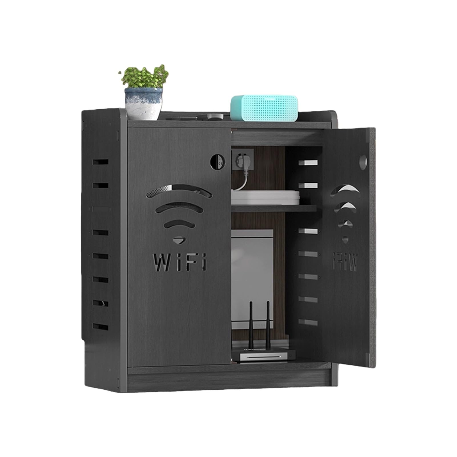 MESCXTY WiFi Router Storage Cabinet, Floor Standing Modem,with Adjustable Shelves,Power Strip Cable Management Hider Organizer(Black,19.6x23.6x9.8in)