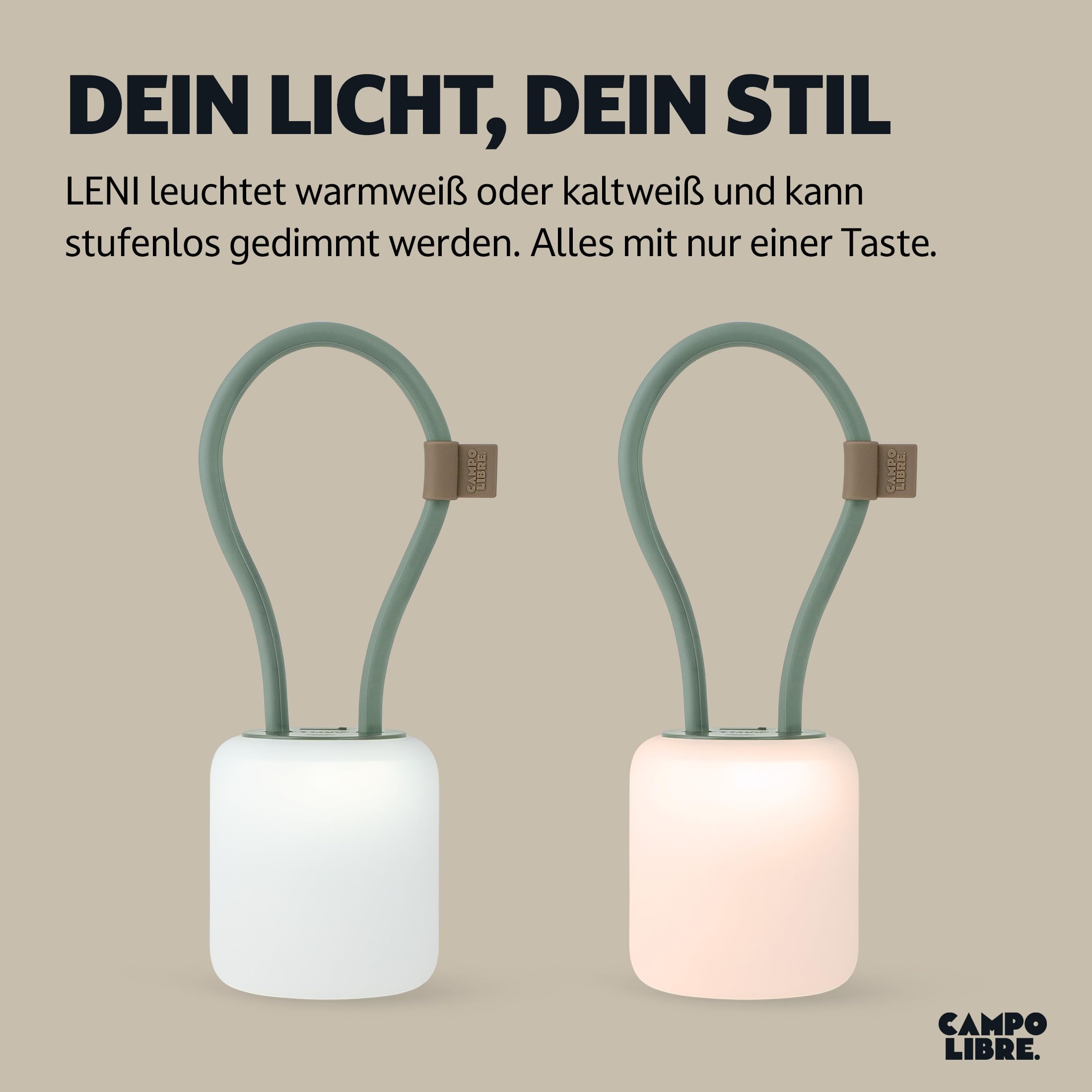 Campo Libre.® LENI I Campinglampe I flexible Outdoorlampe zum Aufhängen, Hinstellen und Montieren I dimmbare Campingleuchte I wiederaufladbar I Balkonlampe, Campinglicht, Tischlampe, Rechteckig Moos