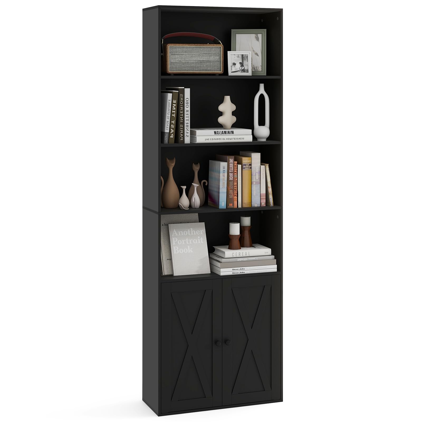 COSTWAY 6-Tier Bookcase, Freestanding Tall Bookshelf Cupboard Storage Organizer with Adjustable Shelf & 2-Door Cabinet, Wooden Display Shelving Unit for Living Room Office (Black, 60 x 24 x 180cm)
