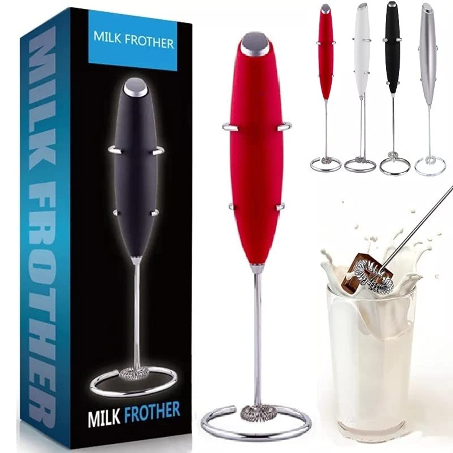 DaneenMilk Frother/Stirrer with Stand (Battery Operated), Handheld Foam Maker, Portable Mixer for Coffee Mini Foamer for Cappuccino Matcha Frappe, Hot Chocolate (Red)
